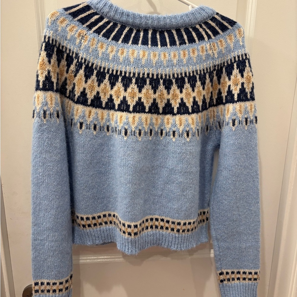 NWT Freshman 1996 Blue Fair Isle Nordic Patterned cardigan Sweater-S - Picture 2 of 7